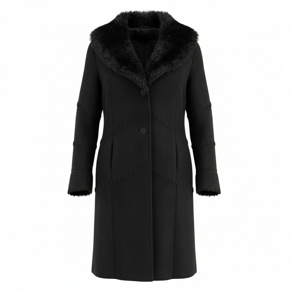 Coldwater Creek “Phoebe” Long Whipstitch Coat, Black Suede
